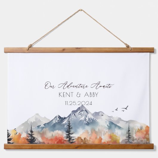 Neutrales Gebirgswasser Hochzeitsbuch Wandteppich Mit Holzrahmen (Vorne)