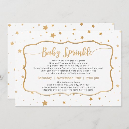 Neutrales Geschlecht Baby Sprinkle - weiße Goldste Einladung (Vorne/Hinten)