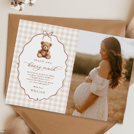 Neutrales Gingham Teddy Bear Baby Shower Foto Dankeskarte
