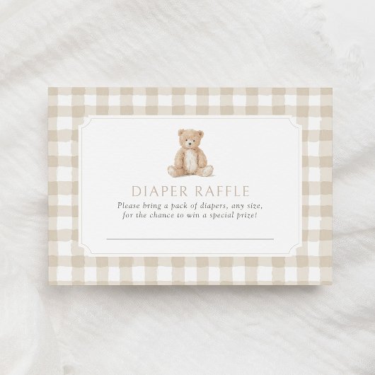 Neutrales Gingham-Teddybär-Windel-Raffle-Ticket Begleitkarte