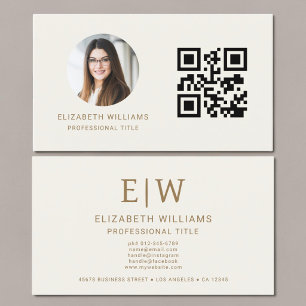 Neutrales Gold QR Code Foto Monogramm Visitenkarte
