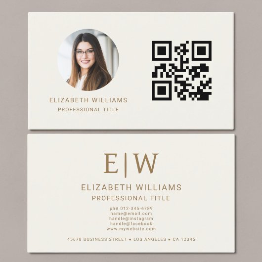 Neutrales Gold QR Code Foto Monogramm Visitenkarte