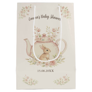 Neutrales Häschen & Blumenteekanne Baby Shower Mittlere Geschenktüte