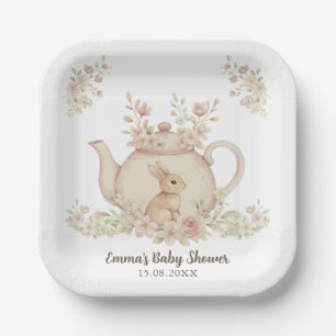 Neutrales Häschen & Blumenteekanne Baby Shower Pappteller
