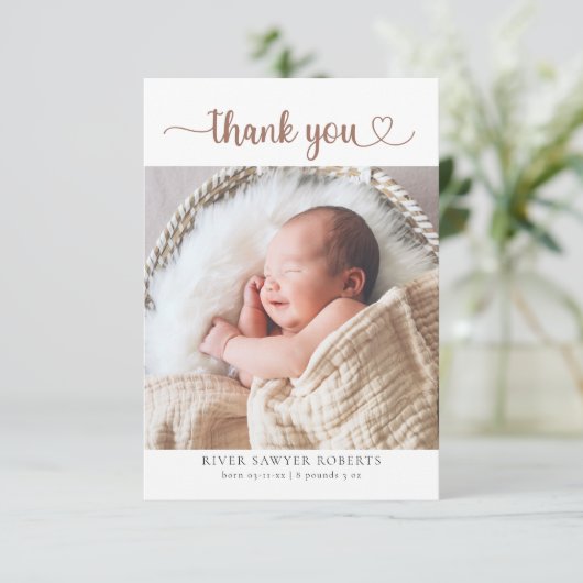 Neutrales Heart Script Foto Baby Danke Karte (Stehend Vorderseite)