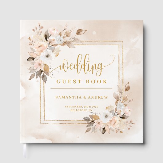 Neutrales Herbstbuch Boho Floral Gold Hochzeit Gäs Gästebuch (Vorderseite)