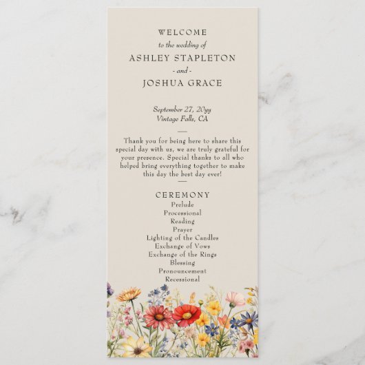 Neutrales Hochzeitsprogramm für Rustikale Wildblum Einladung (Vorderseite)