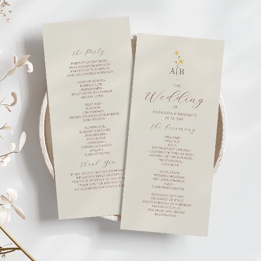 Neutrales Hochzeitsprogramm mit Wildblumen Programm