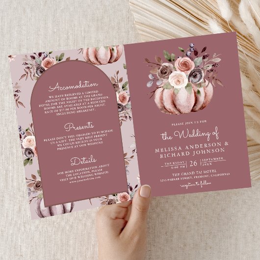 Neutrales Kürbis-Blumen-QR-Code-Staubrose-Hochzeit Einladung