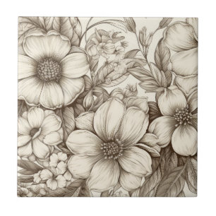 Neutrales Landhaus-Sepia-Blumen-Cream-Botanik Fliese