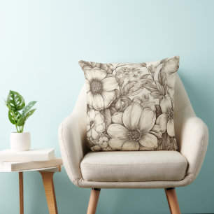 Neutrales Landhaus-Sepia-Blumen-Cream-Botanik Kissen
