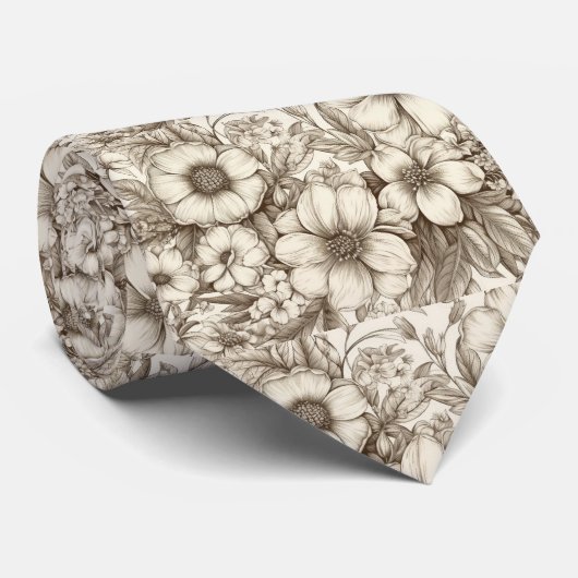 Neutrales Landhaus-Sepia-Blumen-Cream-Botanik Krawatte (Gerollt)