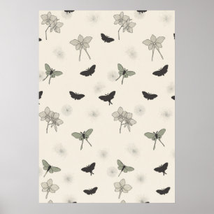 Neutrales Motten-Schmetterling-Botanik-Art-Muster Poster