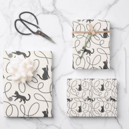 Neutrales Schwarzkatze- und Garnball-Muster Geschenkpapier Set