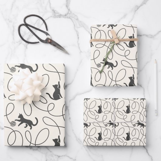 Neutrales Schwarzkatze- und Garnball-Muster Geschenkpapier Set (Vorderseite)