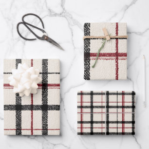 Neutrales Tartan Weiß Schwarz und Rot Geschenkpapier Set