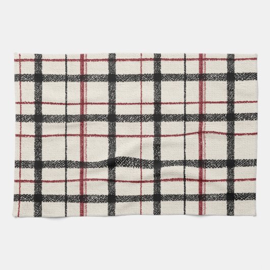 Neutrales Tartan Weiß Schwarz und Rot Geschirrtuch (Horizontal)