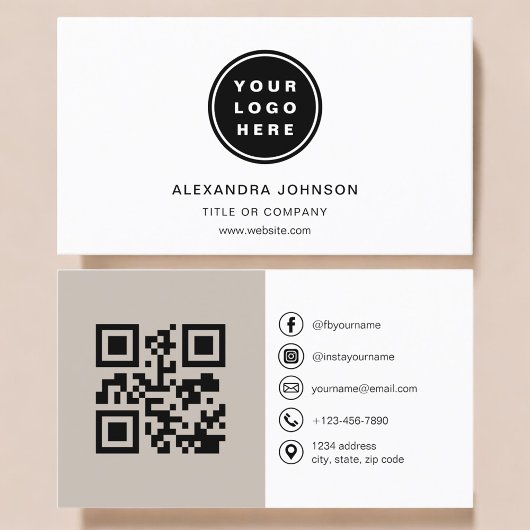 Neutrales Taupe-QR-Code-Social-Media Visitenkarte