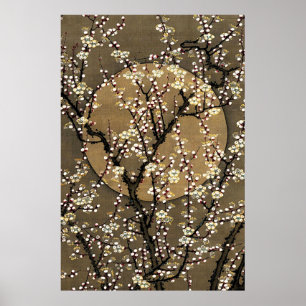 Neutrales Ton Vollmond Kirschblüten Design Kunst Poster