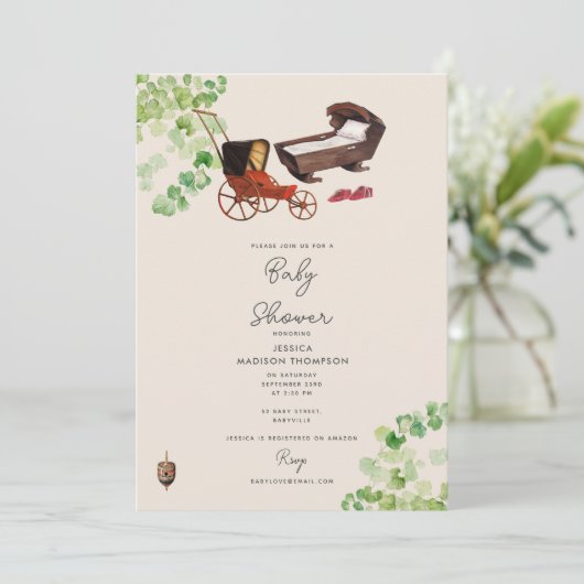 Neutrales Vintages Kinderzimmer Spielzeug Babydusc Einladung (Stehend Vorderseite)