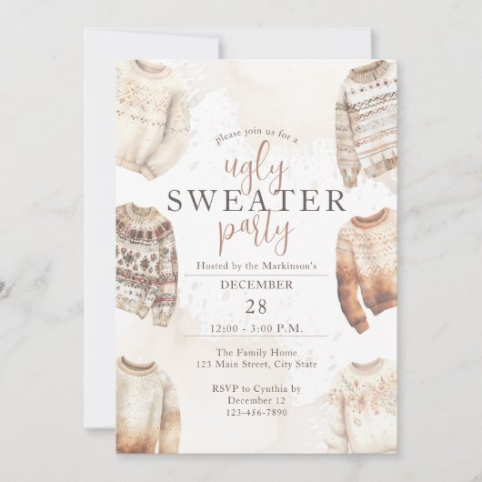 Neutrales Wasserfarben Ugly Sweater Party Einladung (Vorderseite)