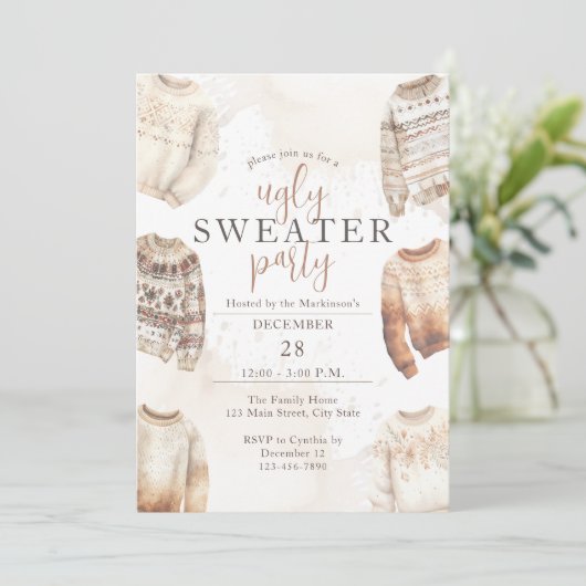 Neutrales Wasserfarben Ugly Sweater Party Einladung (Stehend Vorderseite)
