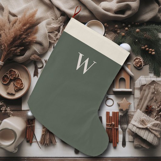 Neutrales Weihnachtsbauernhaus Moss Green Monogram Großer Weihnachtsstrumpf