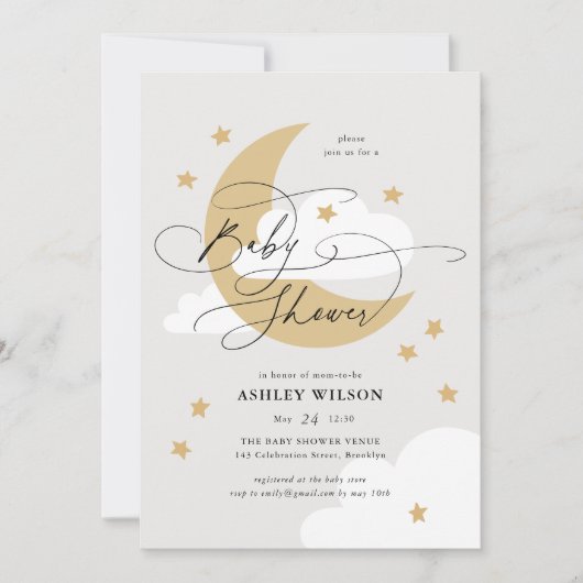 Neutronen und Sternenneutrale Elegantes Script Bab Einladung (Vorderseite)