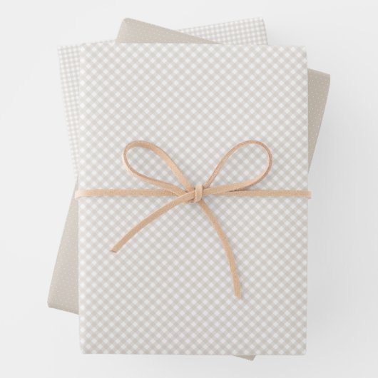 Neutronenbeige Gingham und Dots einfaches klassisc Geschenkpapier Set (Beispiel)