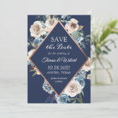 Neutronenblauer Rose Gold Hochzeit Save The Date (Stehend Vorderseite)