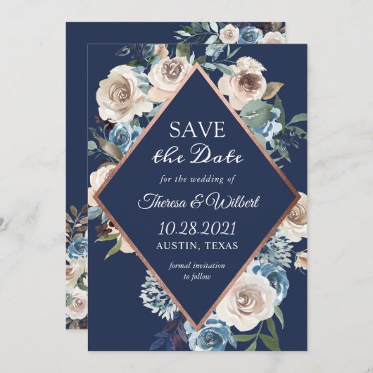 Neutronenblauer Rose Gold Hochzeit Save The Date (Vorne/Hinten)