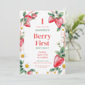 Neutronenpastel Strawberries Daisies 1. Geburtstag Einladung (Stehend Vorderseite)