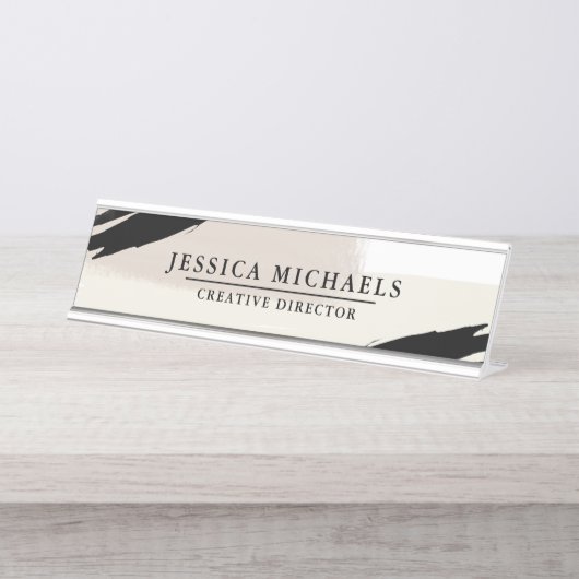 Neutronenschwarz Moderne Pinselstriche Schreibtischnamensplakette (Vorderseite )