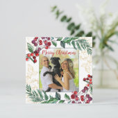 Neuverheiratetes Paar mit Hund Foto Blumenweihnach (Stehend Vorderseite)