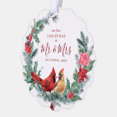 Neuvermählte Erste WeihnachtsKardinäle Wreath Foto Ornament Karte (Links)