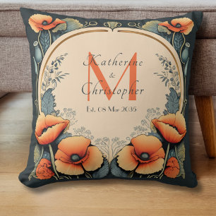 Neuvermählte Vintage-Blumenmonogramm Mohn Art Nouv Kissen