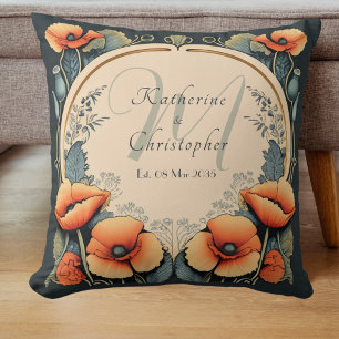 Neuvermählte Vintage-Blumenmonogramm Mohn Art Nouv Kissen