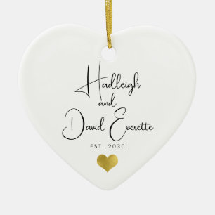 Neuvermählten-Datum-Eingravierte Schrift Gold Herz Keramik Ornament
