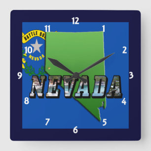 Nevada Map, Picture Text and Flag Clock Quadratische Wanduhr