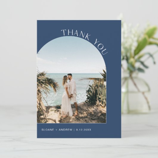 NEVE Navy Blue Modern Wedding Foto Danke Karte (Stehend Vorderseite)