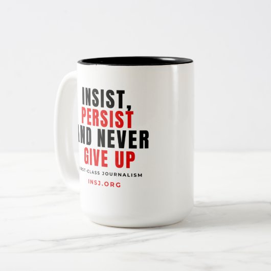 Never Give Up Two-Tone Mug Zweifarbige Tasse (Vorderseite Links)