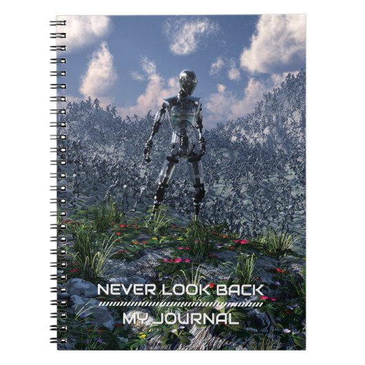 Never Look Back. Futuristic landscape with robots Notizblock (Vorderseite)