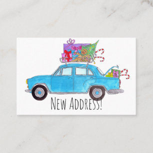 New Address blue Car mit Weihnachtsgeschenken Visitenkarte