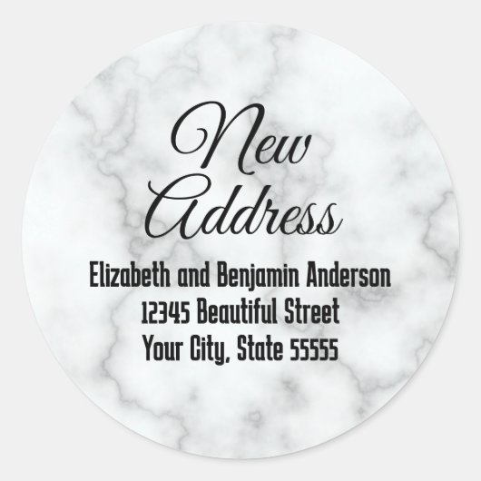 New Address Faux White Marble Moving Announcement Runder Aufkleber (Vorderseite)