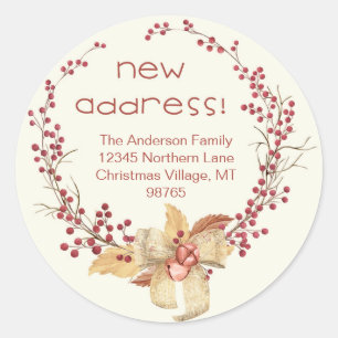 New Address Natural Berry Wreath Runder Aufkleber
