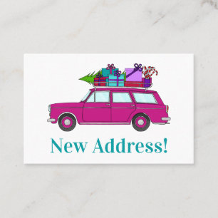 New Address purple Car with Christmas Gifts Visitenkarte