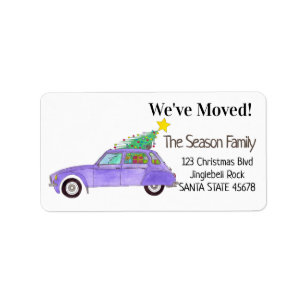 New Address Purple Car with Christmas Ohrts Adressaufkleber
