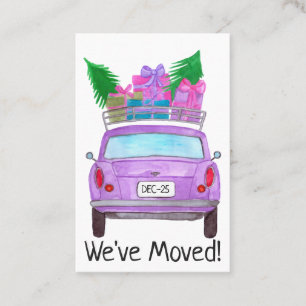 New Address purple Car with Christmas ohrts Visitenkarte