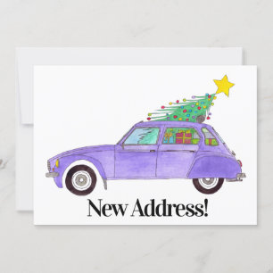 New Address Purple Car with Gifts Einladung
