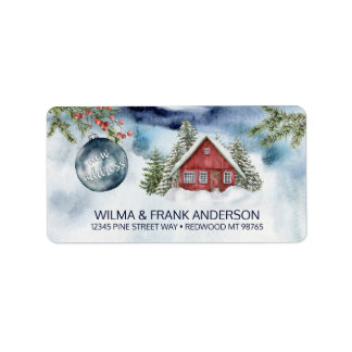 New Address Red Cabin in Snow with Blue Ornament Adressaufkleber